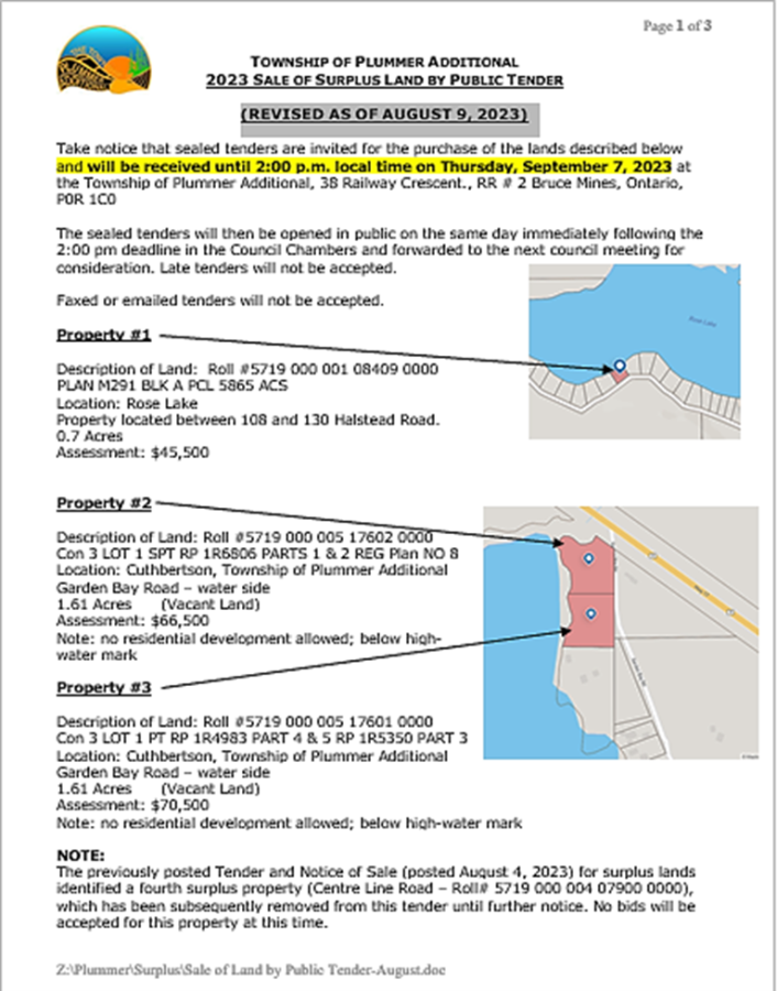 A graphic of the information included in the link provided for the sale of Surplus Land by Public Tender.