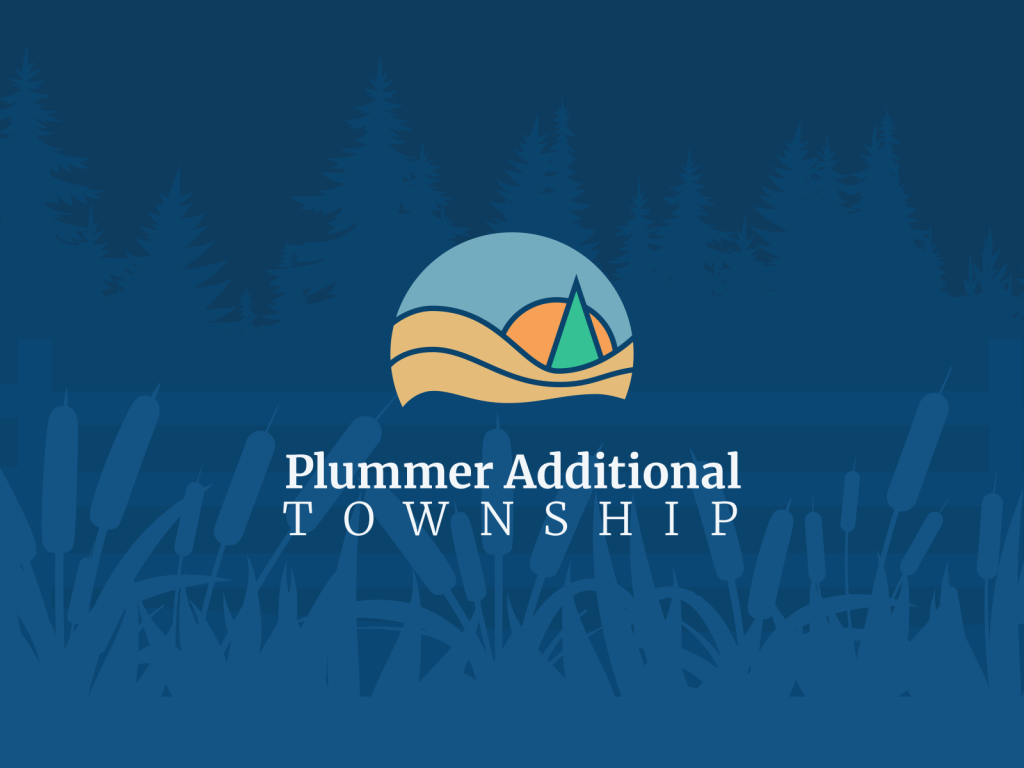 The logo of Plummer Additional Township set on a background of various woodland objects.