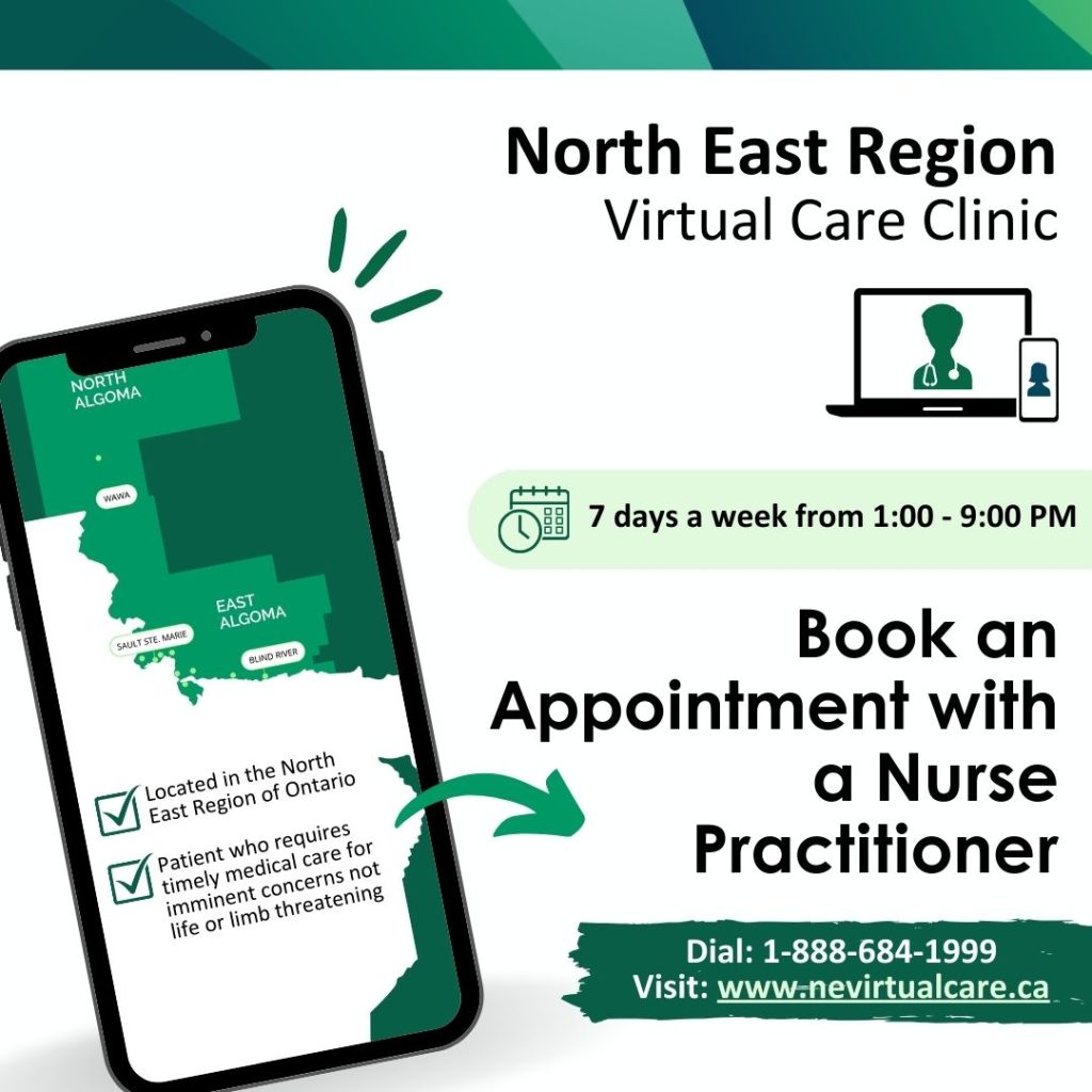 North East Region Virtual Care Clinic 7 days a week from 1:00 to 9:00 p.m.