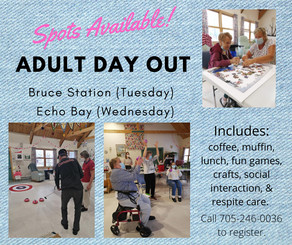 Adult Day Out Program has available spots for the Tuesday (Bruce Station) and Wednesday (Echo Bay) programs