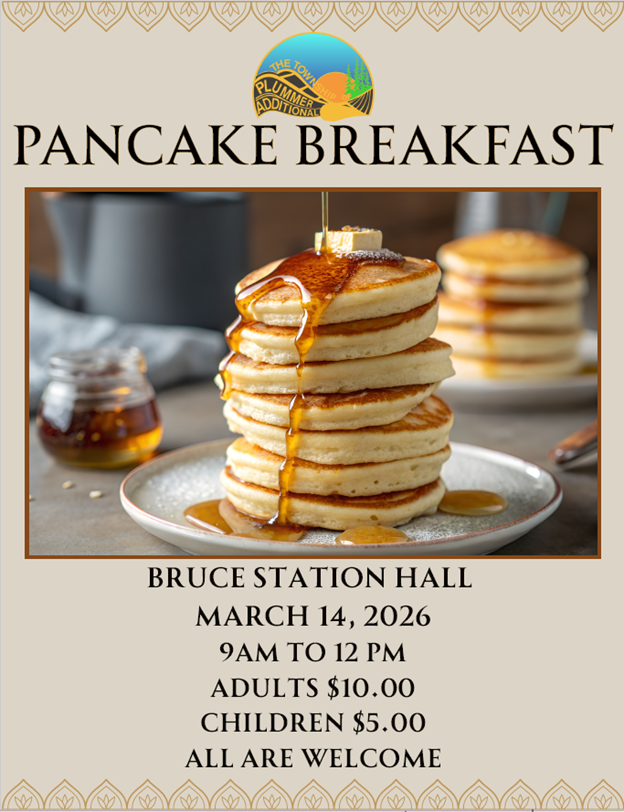 Poster of upcoming Pancake Breakfast being held on March 14, 2026 from 9:00 am to 12:00 pm.