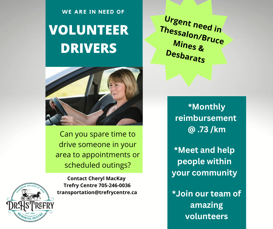Poster showing a driver - asking for volunteer drivers for the Trefy Centre programs
