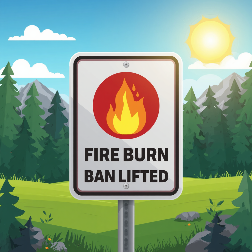 Image of a sign with a flame stating that the Fire Burn Ban has been lifted.