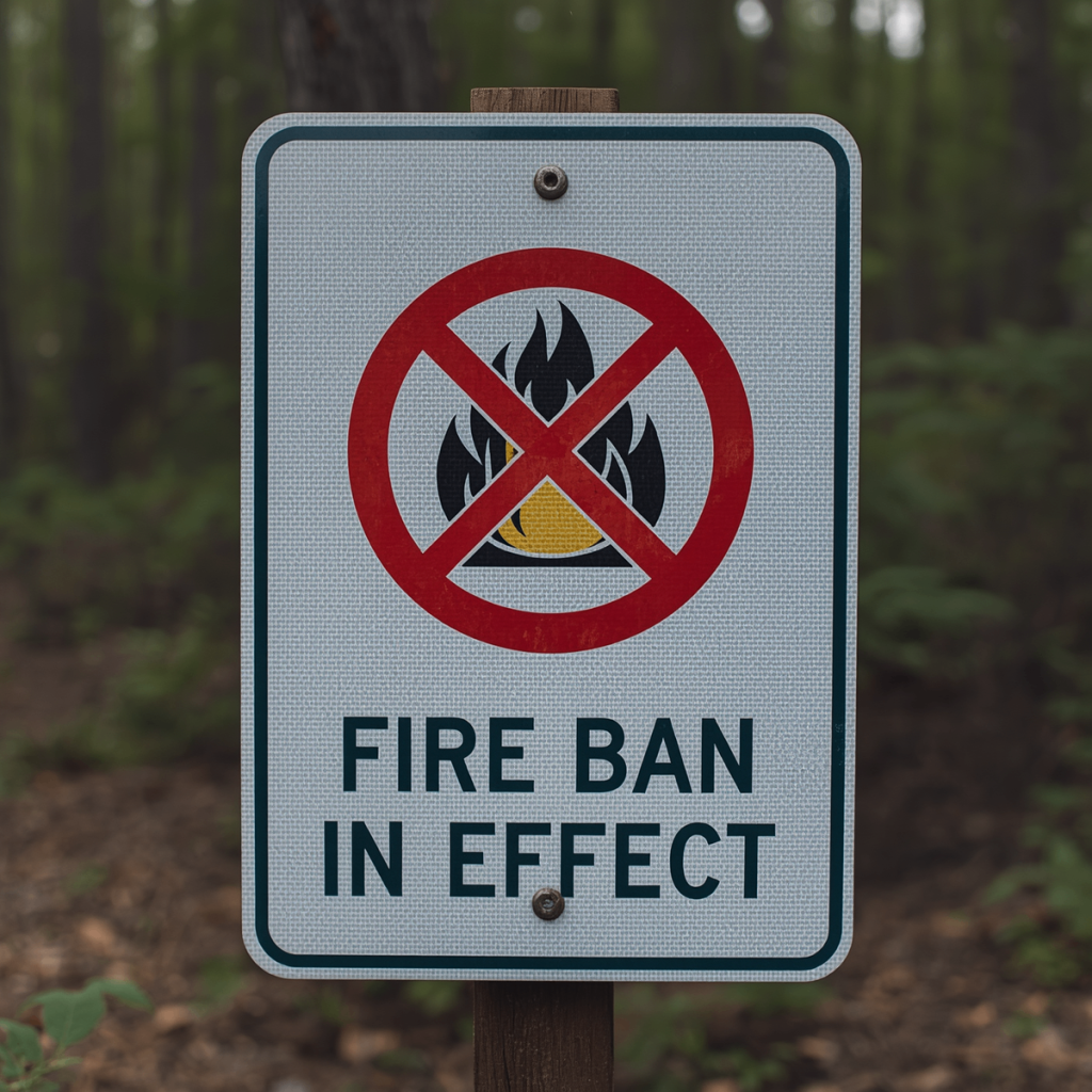 Image of a fire with an X through it indicating Fire Ban in Effect
