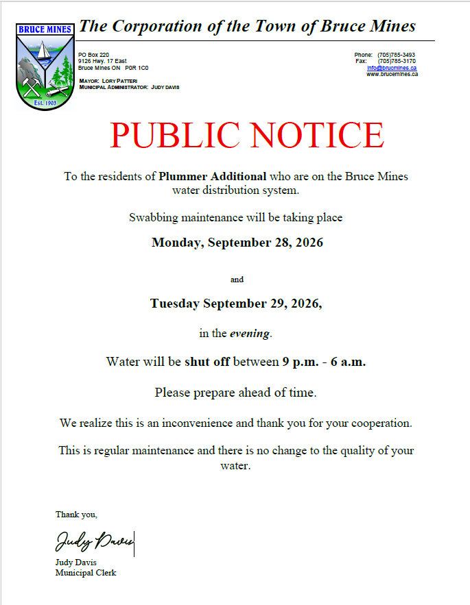 Swabbing maintenance of Bruce Mines water distribution system September 28th and 29th between 9 p.m. and 6 a.m.